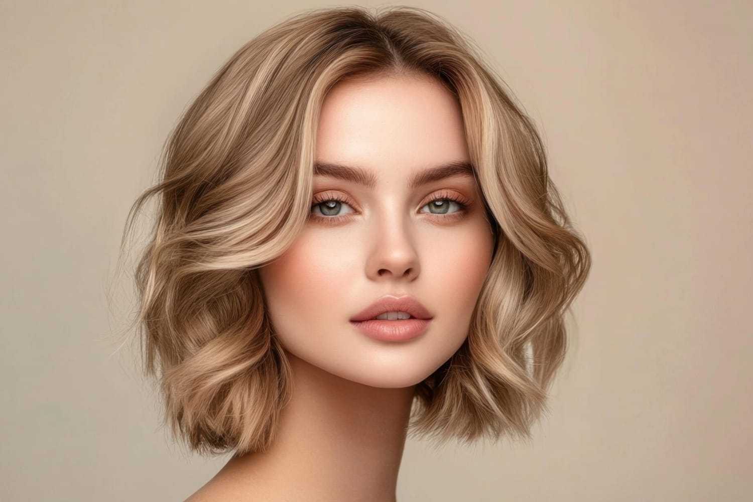 Short-haired woman with light makeup, looking towards the camera against a neutral background.