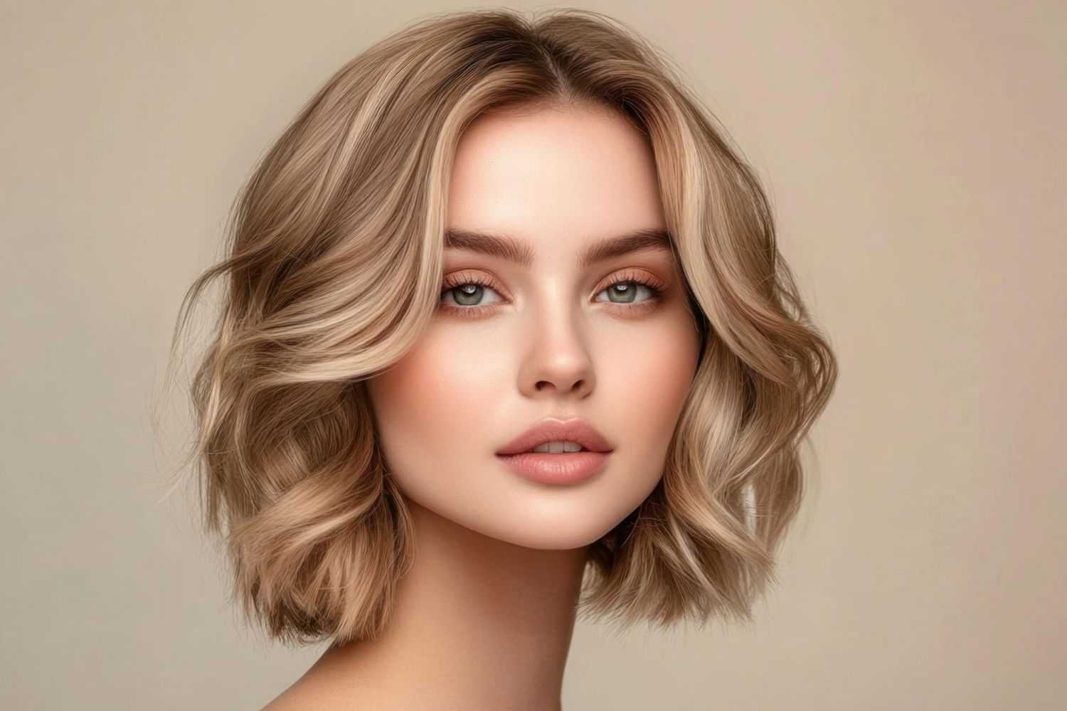 Short-haired woman with light makeup, looking towards the camera against a neutral background.